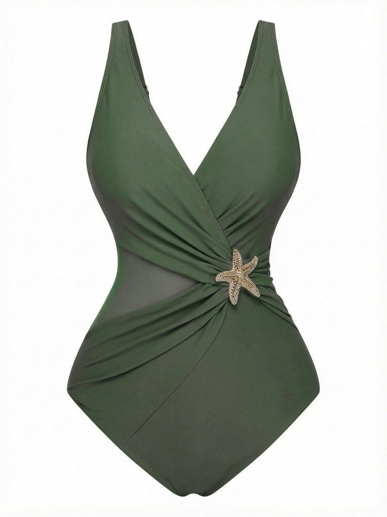 1950s Starfish V-Neck Tummy Control One-Piece Swimsuit: beautiful vintage swimwear, retro swimsuit, pin-up style with timeless appeal