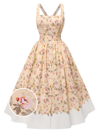 She slips into this 1950s Strap Square Neck Corset Floral Dress and suddenly it's a 1950s daydream