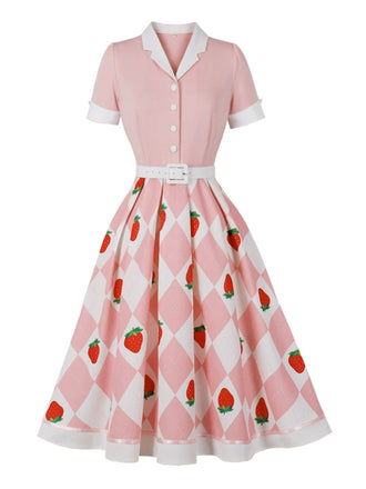 1950s Strawberry Plaid Colorblock Lapel Swing Dress, vintage dress, retro fashion, rockabilly, pin-up fashion - perfect for women who love vintage and retro fashion