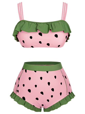 This 1950s Strawberry Ruffle Strap Swimsuit carries 1950s vacation dreams in every stitch
