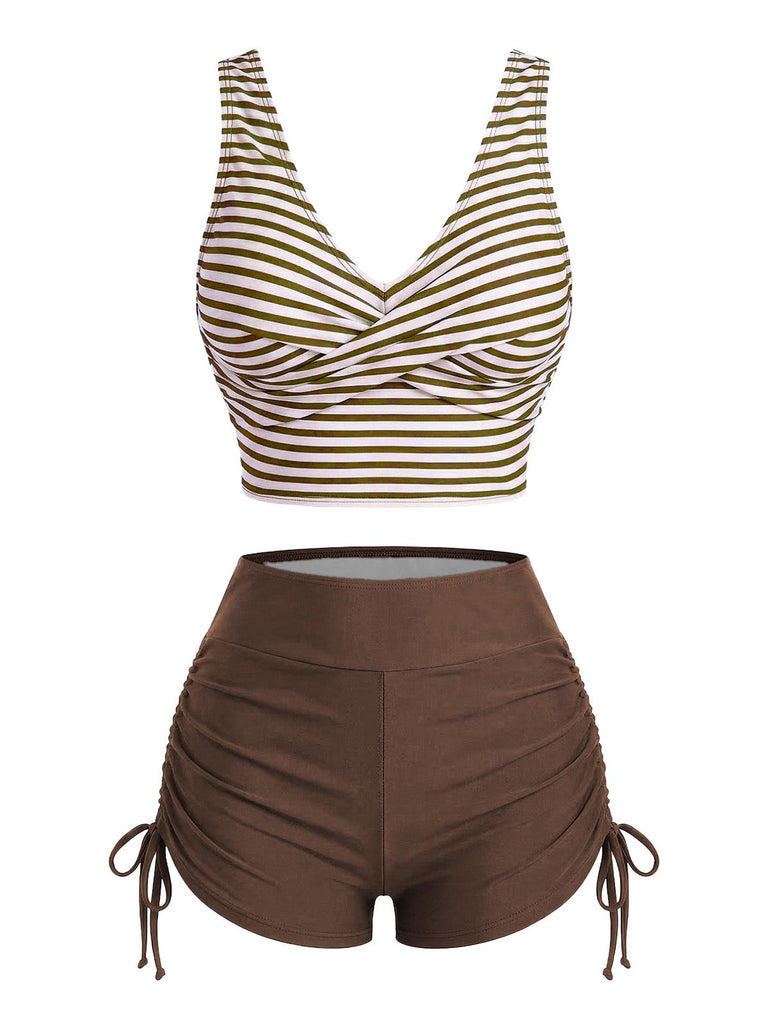 Green 1950s Striped Cross Drawstring Tankini Set, vintage fashion, retro style - perfect for women who love vintage and retro fashion