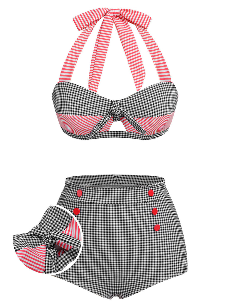 1950s Striped Patchwork Halter Swimsuit, vintage swimsuit, pin-up swimwear - perfect for women who love vintage and retro fashion