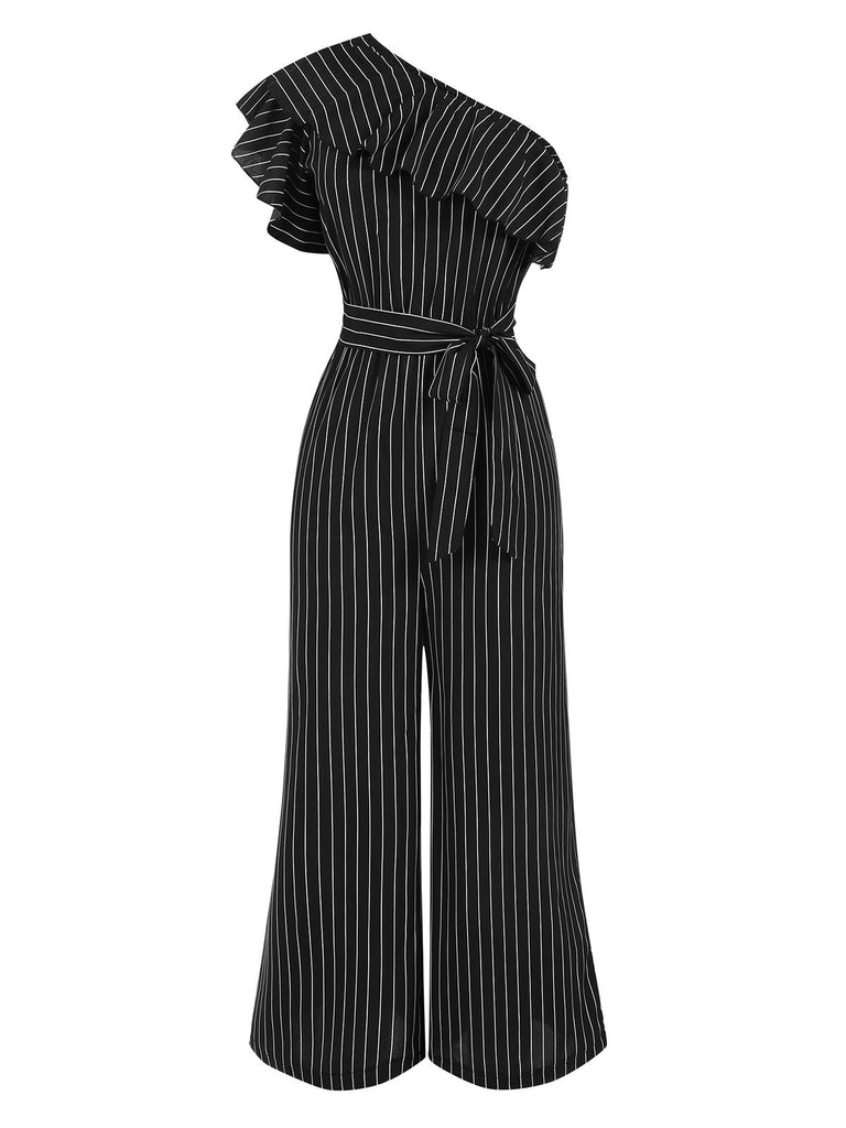 1950s Striped Slanted Shoulder Ruffle Jumpsuit, vintage romper, retro jumpsuit - perfect for women who love vintage and retro fashion