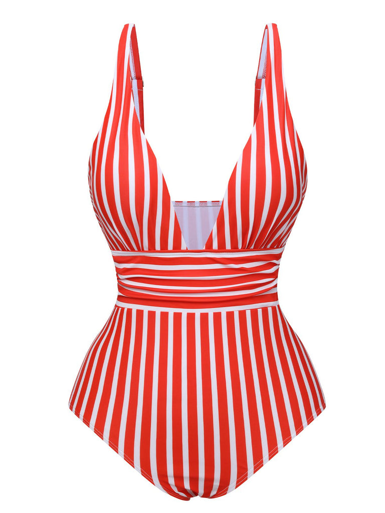 1950s Stripes Spaghetti Strap One-Piece Swimsuit: 1950s Riviera elegance, reimagined for her