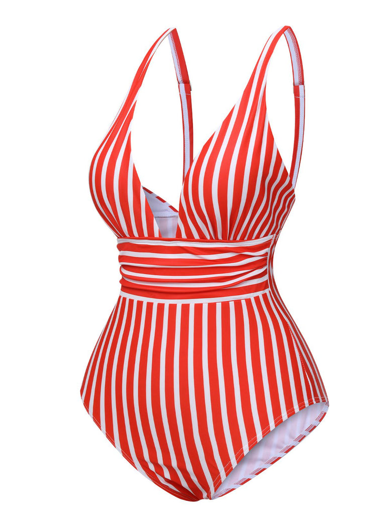 1950s Stripes Spaghetti Strap One-Piece Swimsuit, vintage swimsuit, pin-up swimwear - perfect for women who love vintage and retro fashion