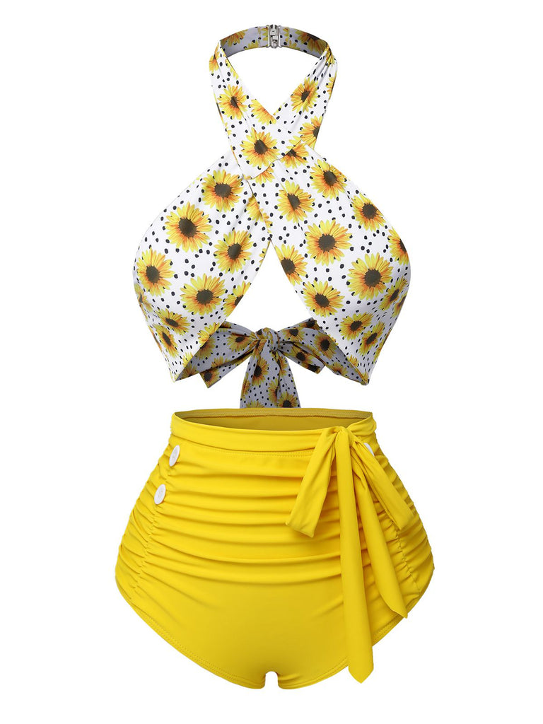 Yellow 1950s Sunflower Cross Halter Swimsuit, vintage swimsuit, pin-up swimwear - perfect for women who love vintage and retro fashion