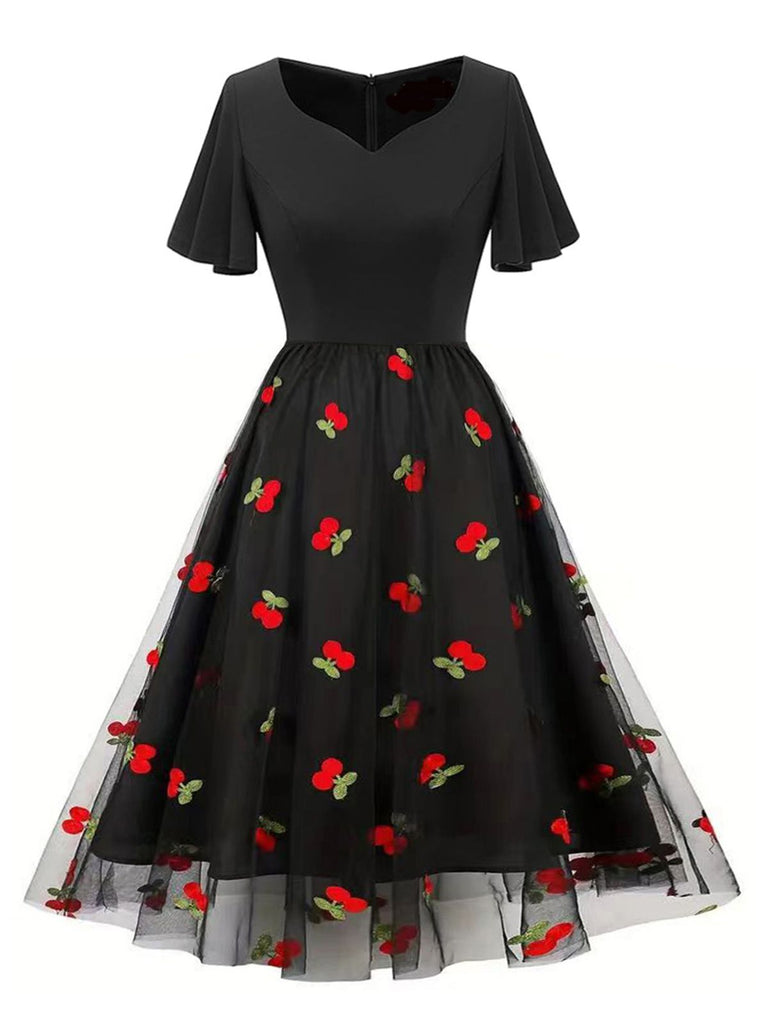 1950s Sweetheart Neck Cherry Mesh Dress — the kind of 1950s dress that makes strangers smile
