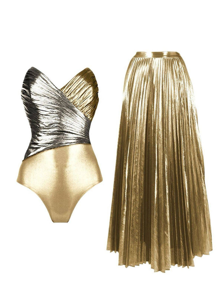 2PCS Gold 1950s Metallic One-Piece Swimsuit & Pleated Cover-Up - vintage swimsuit, pin-up style, glamorous gold