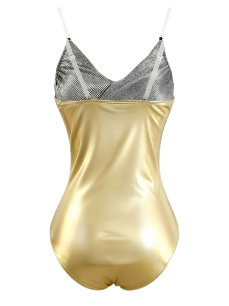 2PCS Gold 1950s Metallic One-Piece Swimsuit & Pleated Cover-Up - vintage swimsuit, pin-up style, glamorous gold