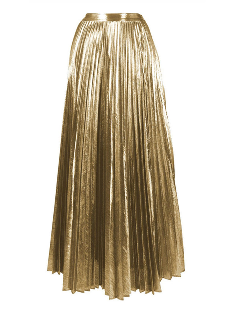 2PCS Gold 1950s Metallic One-Piece Swimsuit & Pleated Cover-Up - vintage swimsuit, pin-up style, glamorous gold