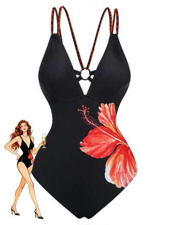 Black 1950s Floral Deep V Double Strap One-Piece Swimsuit - vintage swimsuit, pin-up style, classic black