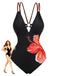 Black 1950s Floral Deep V Double Strap One-Piece Swimsuit - vintage swimsuit, pin-up style, classic black