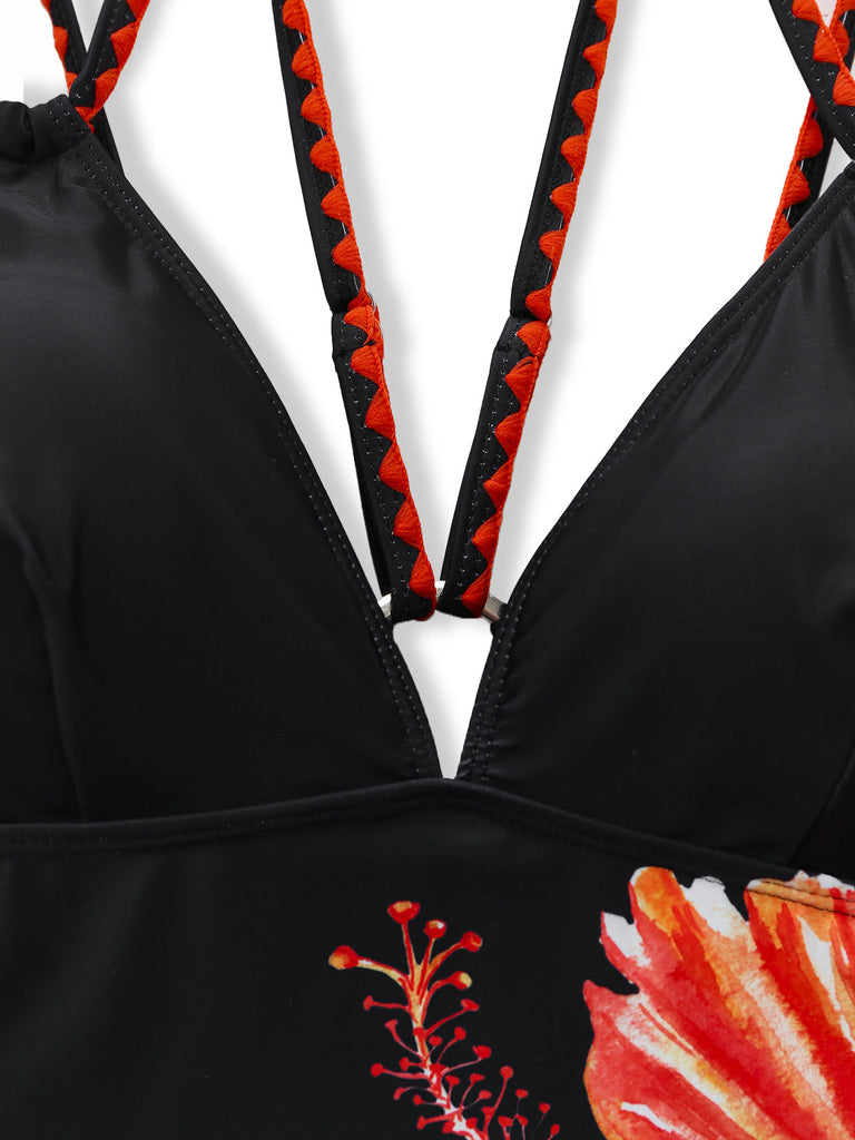 Black 1950s Floral Deep V Double Strap One-Piece Swimsuit - vintage swimsuit, pin-up style, classic black