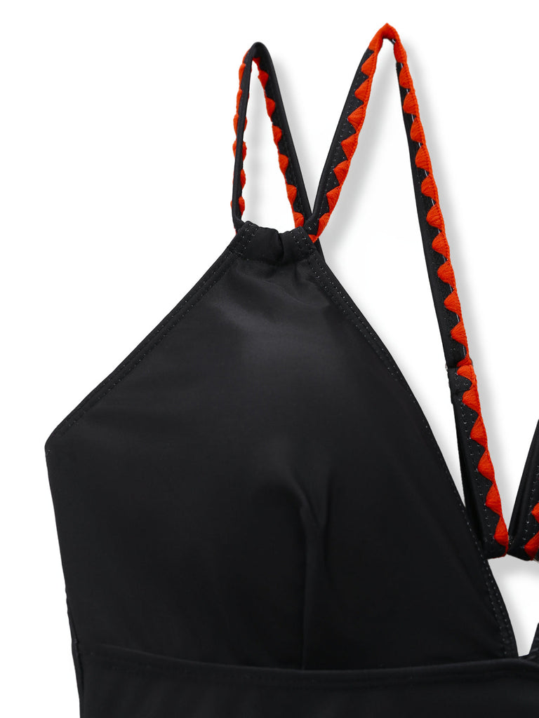 Black 1950s Floral Deep V Double Strap One-Piece Swimsuit - vintage swimsuit, pin-up style, classic black