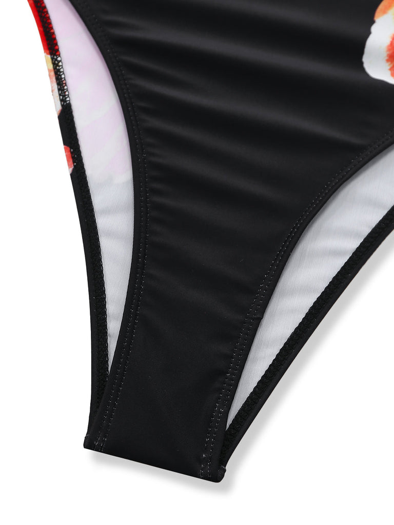 Black 1950s Floral Deep V Double Strap One-Piece Swimsuit - vintage swimsuit, pin-up style, classic black