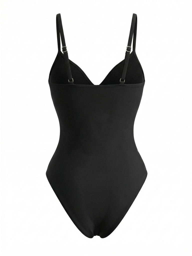 Black 1950s Spaghetti Strap 3D Cherry One-Piece Swimsuit - vintage swimsuit, pin-up style, classic black