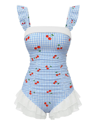 Blue 1950s Cherry Plaid Ruffled Mesh One-Piece Swimsuit - vintage swimsuit, pin-up style