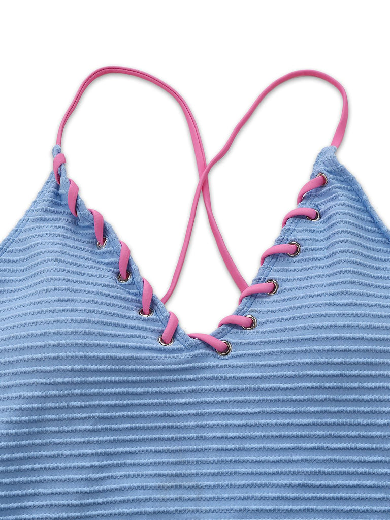 Light Blue 1950s Stripe Lace-Up Ruched One-Piece Swimsuit - vintage swimsuit, pin-up style