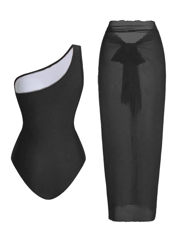 1950s One-Shoulder Ruched Tummy Control One-Piece Swimsuit & Cover-Up - vintage swimsuit, pin-up style