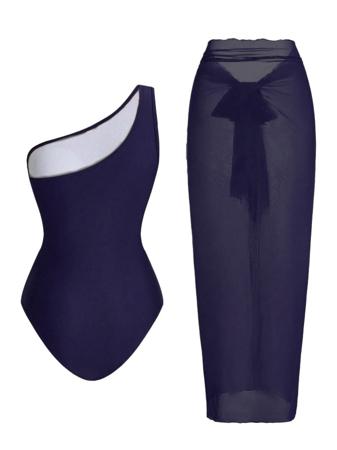 1950s One-Shoulder Ruched Tummy Control One-Piece Swimsuit & Cover-Up - vintage swimsuit, pin-up style