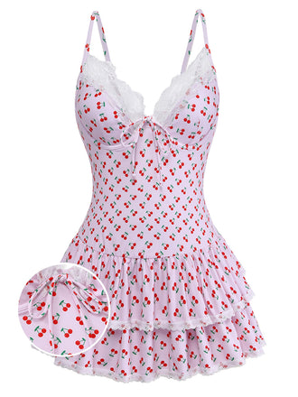 Pink 1950s Cherry Print Lace Trim One-Piece Swimsuit - vintage swimsuit, pin-up style