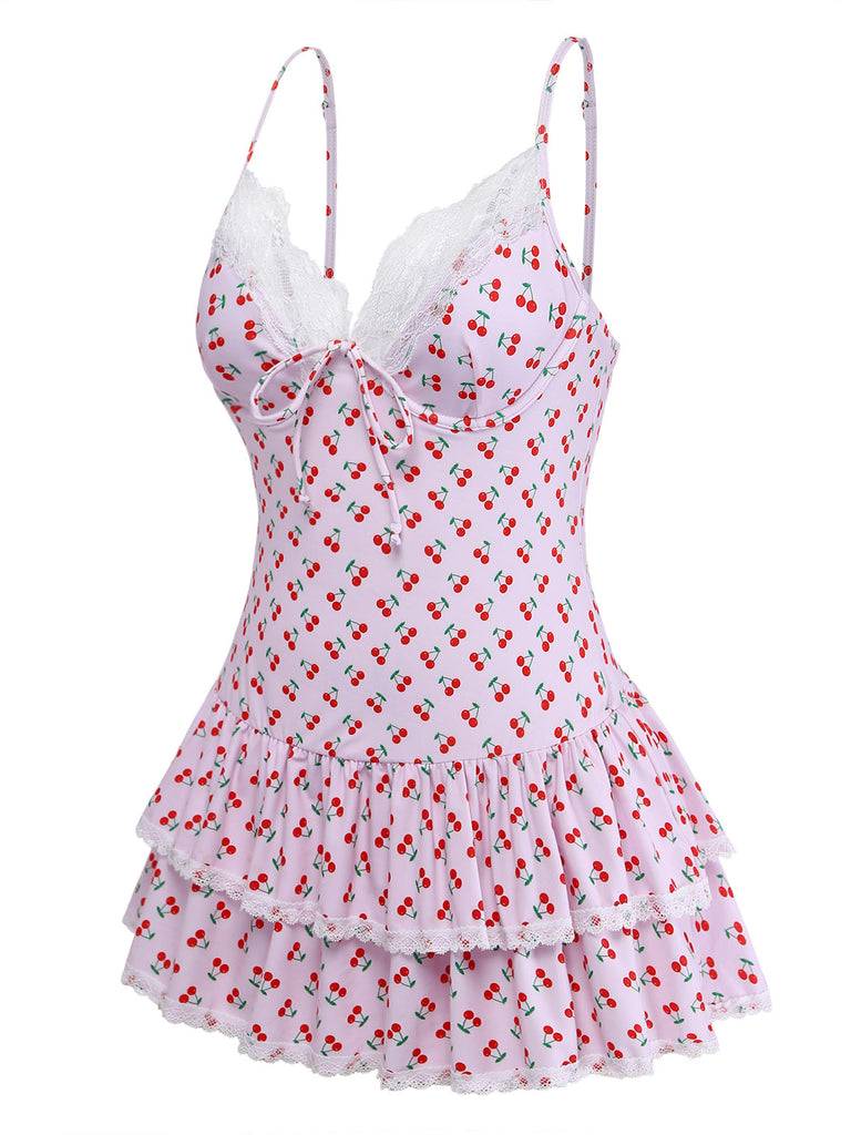 [Pre-Sale] Pink 1940s Cherry Print Lace Trim One-Piece Swimsuit - vintage swimsuit, pin-up swimwear for vintage lovers