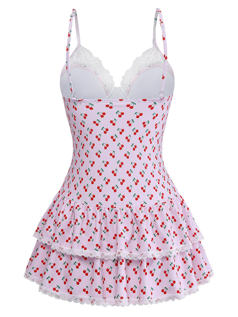 [Pre-Sale] Pink 1940s Cherry Print Lace Trim One-Piece Swimsuit - vintage swimsuit, pin-up swimwear for vintage lovers