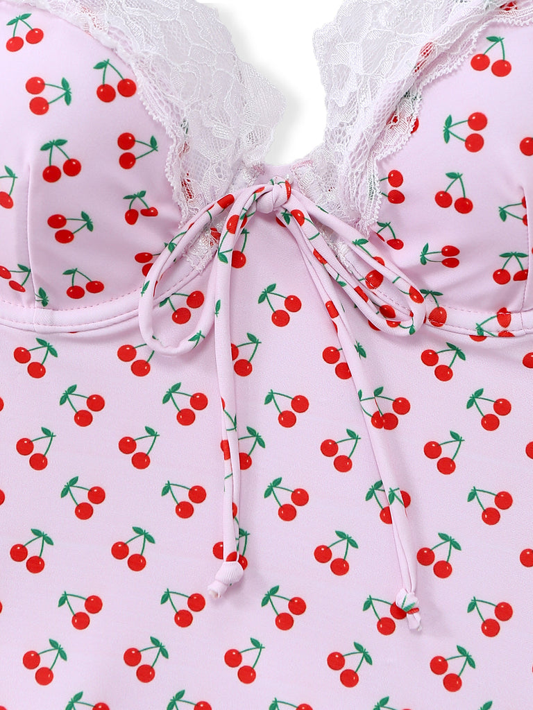 [Pre-Sale] Pink 1940s Cherry Print Lace Trim One-Piece Swimsuit - vintage swimsuit, pin-up swimwear for vintage lovers