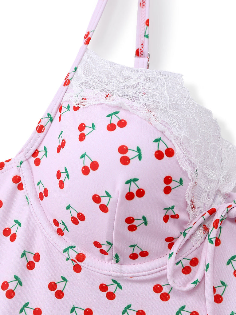[Pre-Sale] Pink 1940s Cherry Print Lace Trim One-Piece Swimsuit - vintage swimsuit, pin-up swimwear for vintage lovers