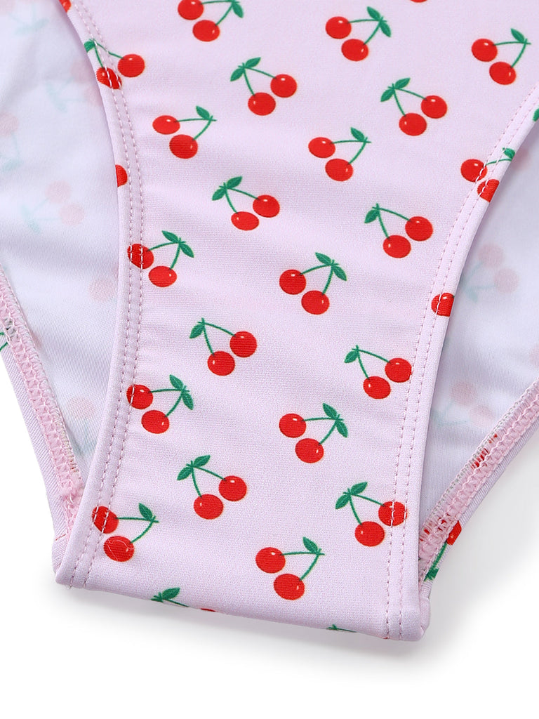 [Pre-Sale] Pink 1940s Cherry Print Lace Trim One-Piece Swimsuit - vintage swimsuit, pin-up swimwear for vintage lovers