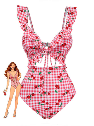 Red 1950s Plaid Cherry Ruffled Sweetheart Neck One-Piece Swimsuit - vintage swimsuit, pin-up style, elegant red