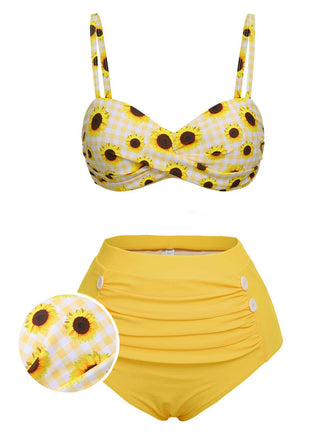 Yellow 1950s Spaghetti Strap Sunflower Plaids Swimsuit - vintage swimsuit, pin-up style