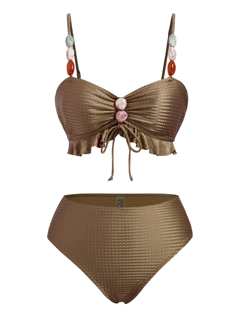 1950s Textured Fabric Colored Stones Bikini Set - vintage fashion, retro style, elegant red