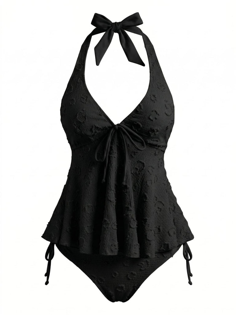 1950s Textured Floral Halter Deep V Tankini Set - vintage fashion, retro style, elegant red