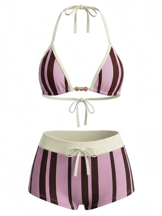 1950s Tie Halter Beaded Striped Swimwear Set - vintage fashion, retro style, classic elegance for vintage lovers