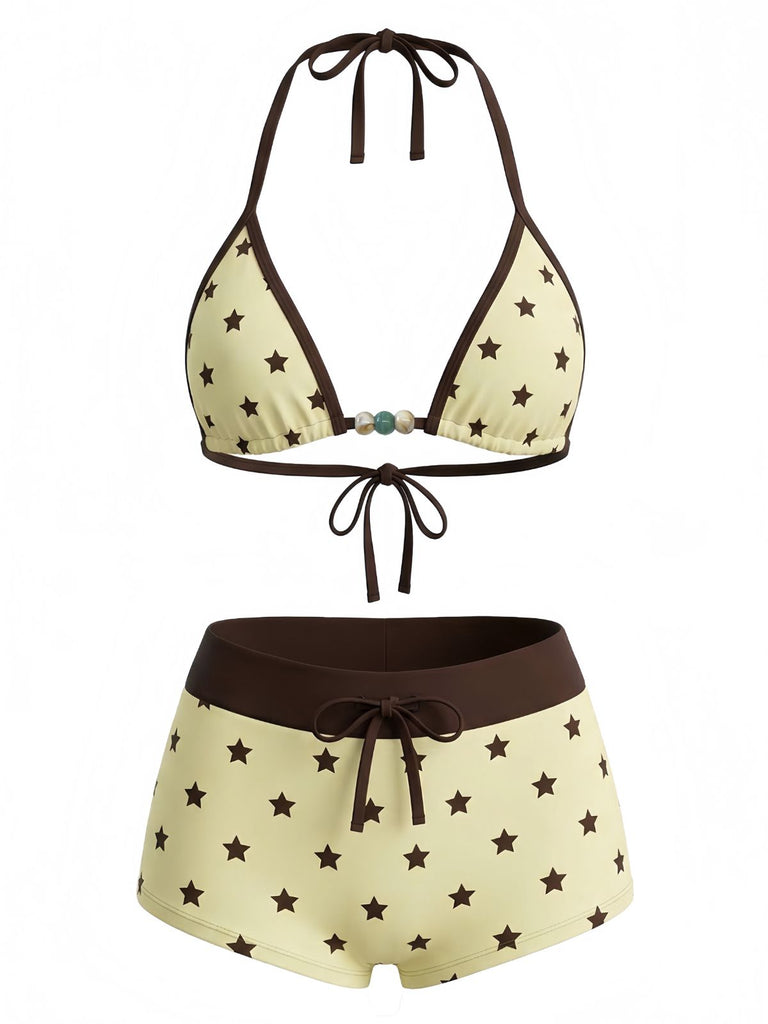 1950s Tie Halter Beaded Striped Swimwear Set - vintage fashion, retro style, classic elegance for vintage lovers