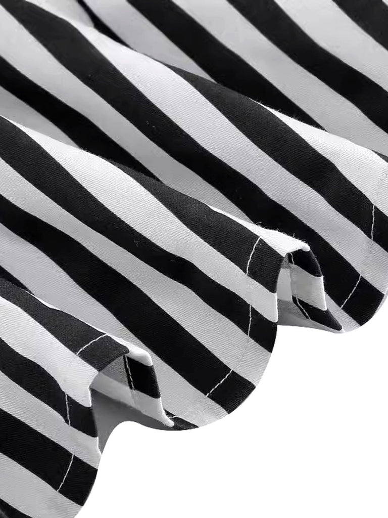 1950s Tie Neck Black & White Stripes Belted Dress — the kind of 1950s dress that makes strangers smile