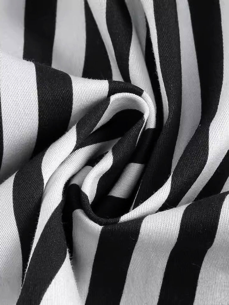1950s Tie Neck Black & White Stripes Belted Dress — a 1950s silhouette that turns sidewalks into runways