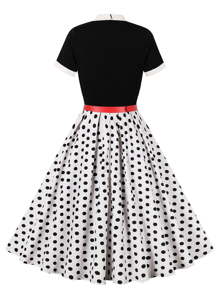 She slips into this 1950s Tie Neck Polka Dots Belted Dress and suddenly it's a 1950s daydream
