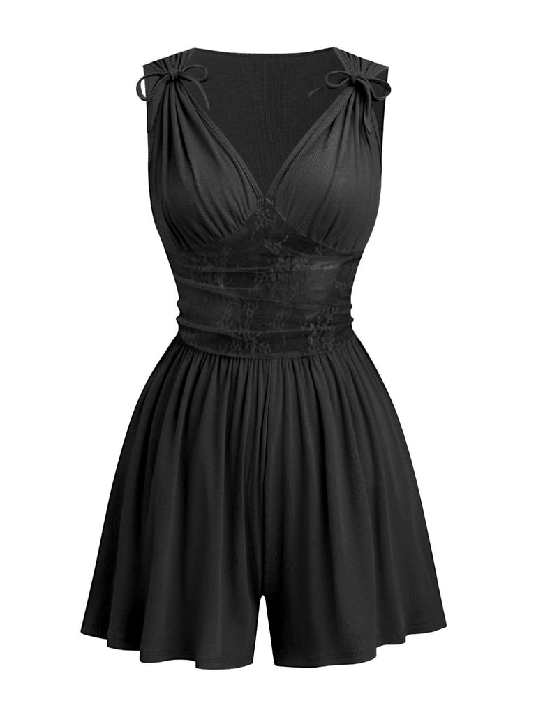 1950s Tie-Shoulder Lace Waist V-Neck Fit Romper - vintage jumpsuit, retro fashion