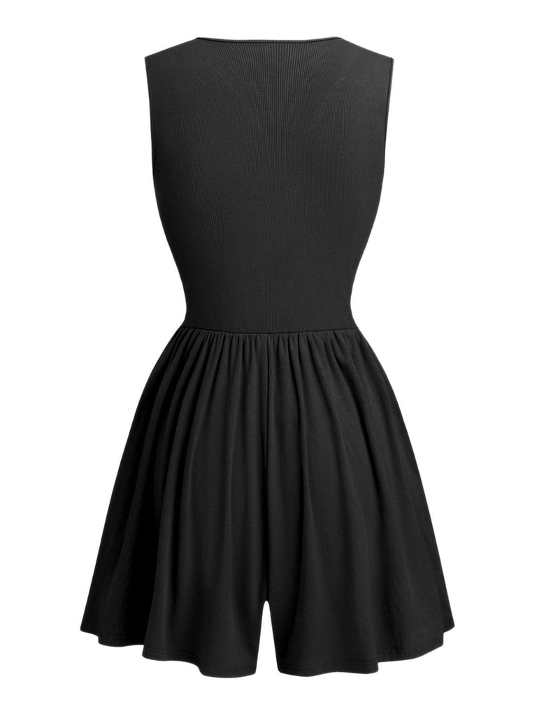 1950s Tie-Shoulder Lace Waist V-Neck Fit Romper - vintage jumpsuit, retro fashion