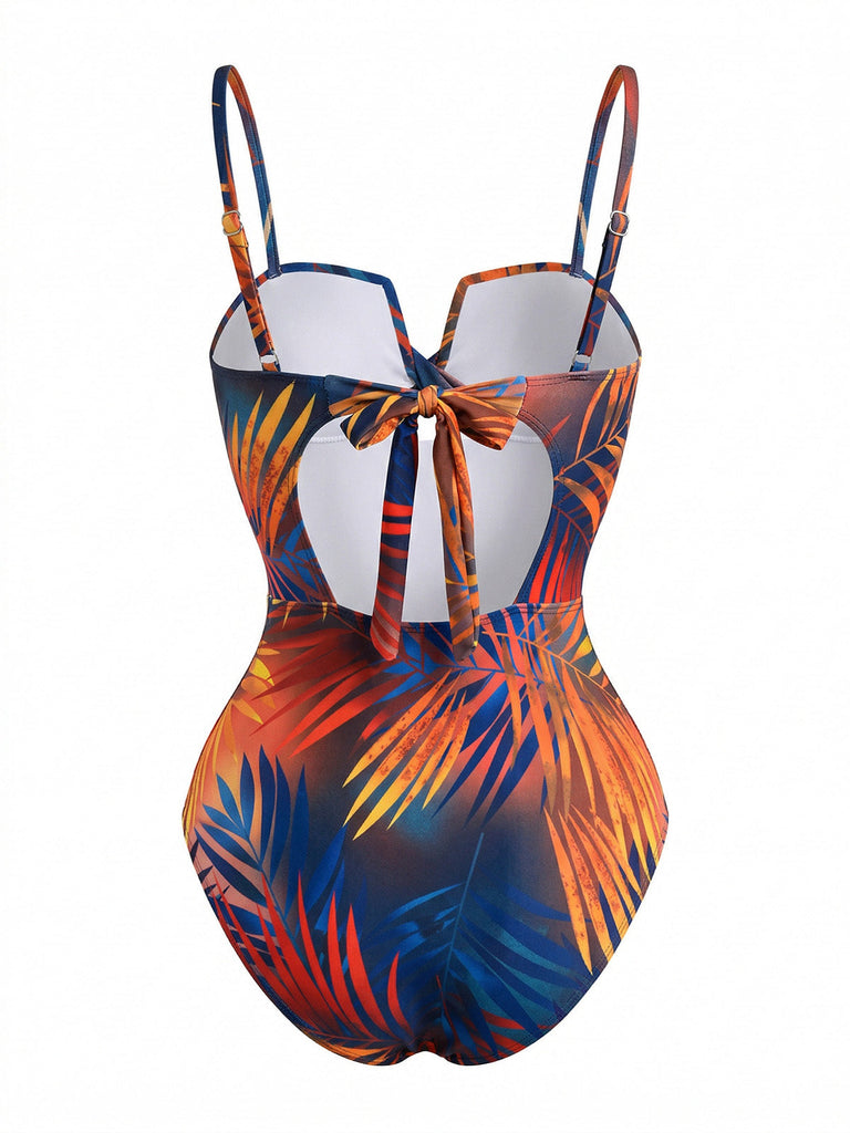 1950s-Twist-Front-Tropical-Leaf-Print-One-Piece-Swimsuit, vintage, retro, swimwear