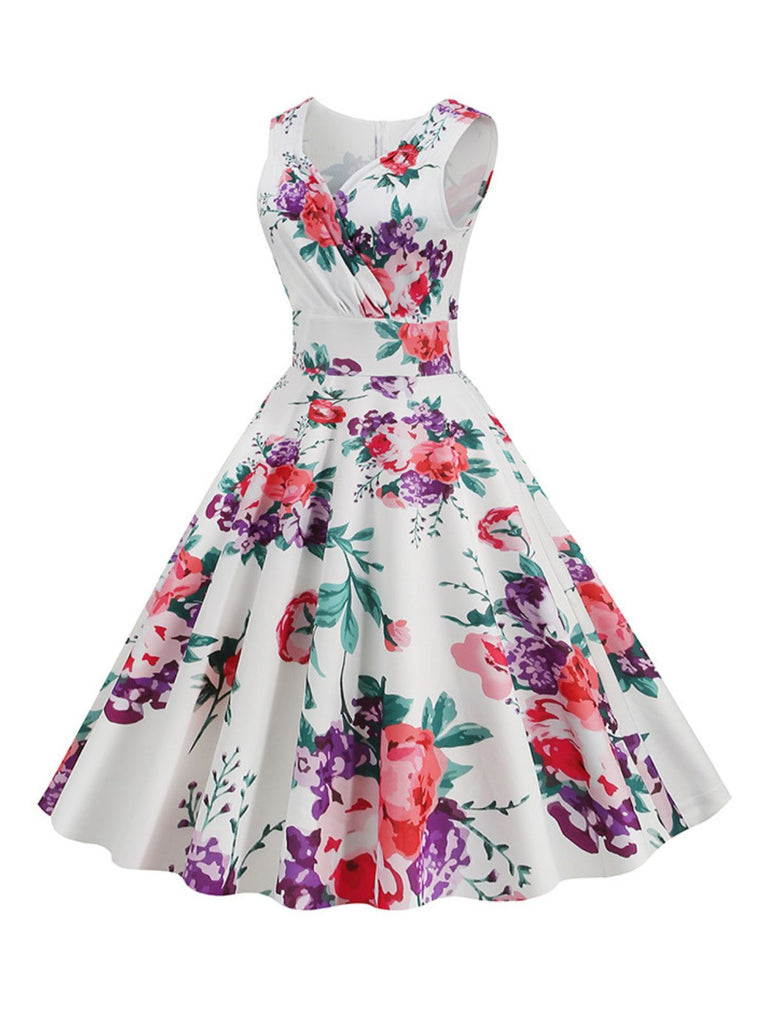 1950s V-Neck Floral Sleeveless Dress, vintage dress, retro fashion, rockabilly, pin-up fashion - perfect for women who love vintage and retro fashion