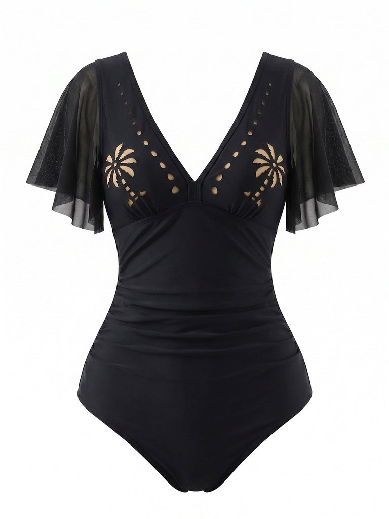 1950s V-Neck Hollow Ruffle Sleeve Palm Tree Swimsuit - vintage swimsuit, pin-up swimwear for vintage lovers