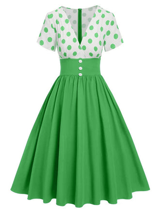 She slips into this 1950s V-Neck Polka Dots Swing Dress and suddenly it's a 1950s daydream