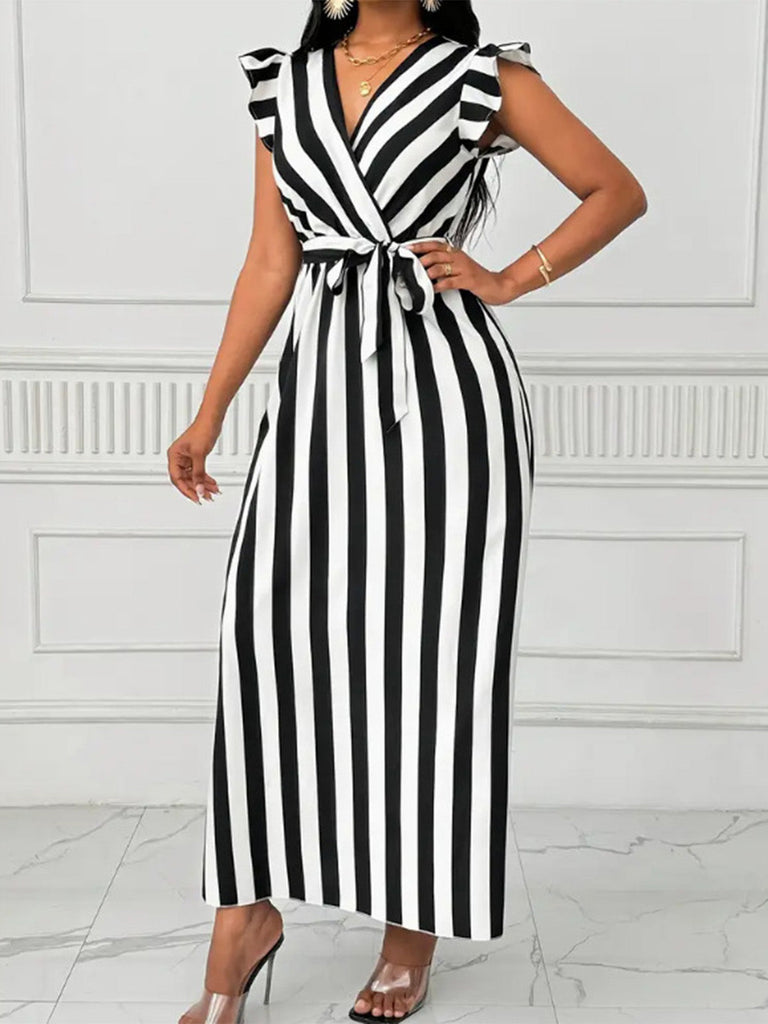 [Pre-Sale] Black White 1950s V-Neck Ruffle Belted Swing Dress, vintage dress, retro fashion, rockabilly, pin-up fashion - perfect for women who love vintage and retro fashion