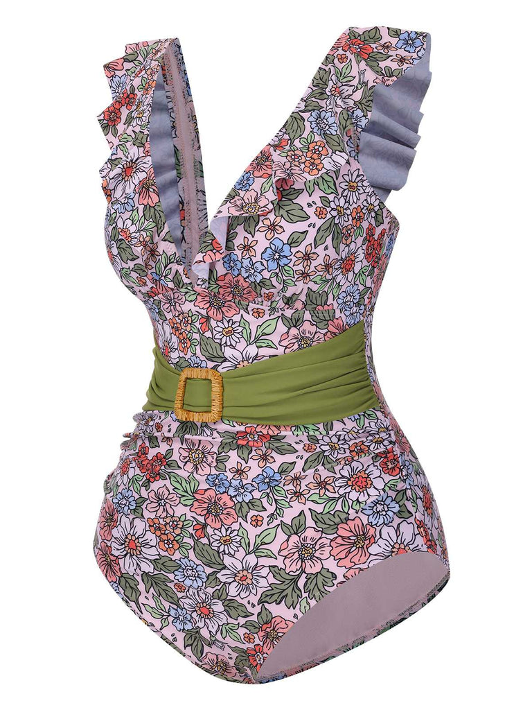 1950s V-Neck Ruffle Shoulder Belted Swimsuit: 1950s Riviera elegance, reimagined for her