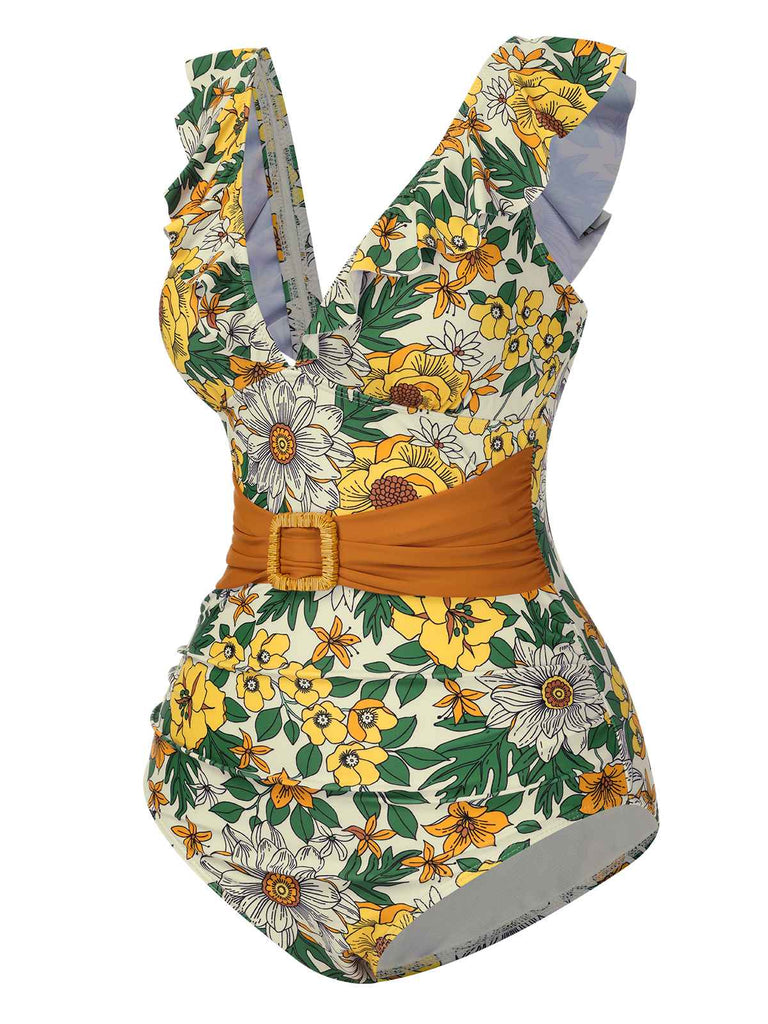 She's wearing 1950s V-Neck Ruffle Shoulder Belted Swimsuit and the whole beach remembers the 1950s