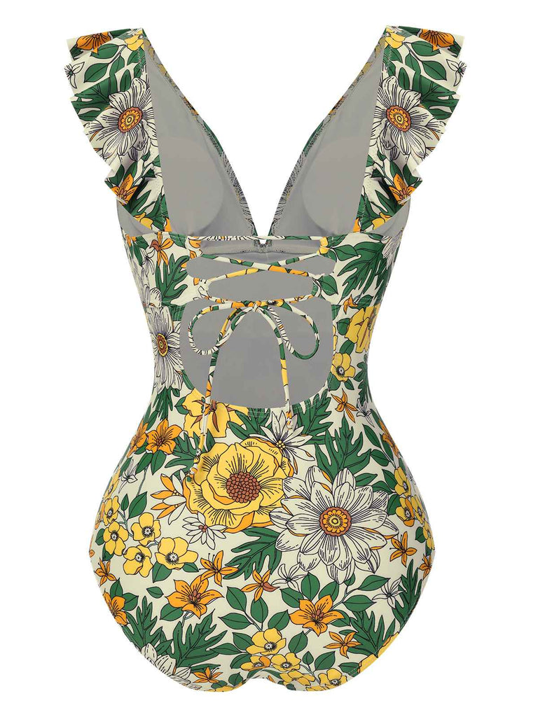 1950s V-Neck Ruffle Shoulder Belted Swimsuit: 1950s Riviera elegance, reimagined for her