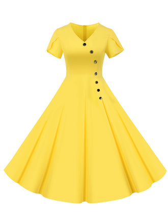 1950s V-Neck Single-Breasted Solid Dress: timeless style reimagined